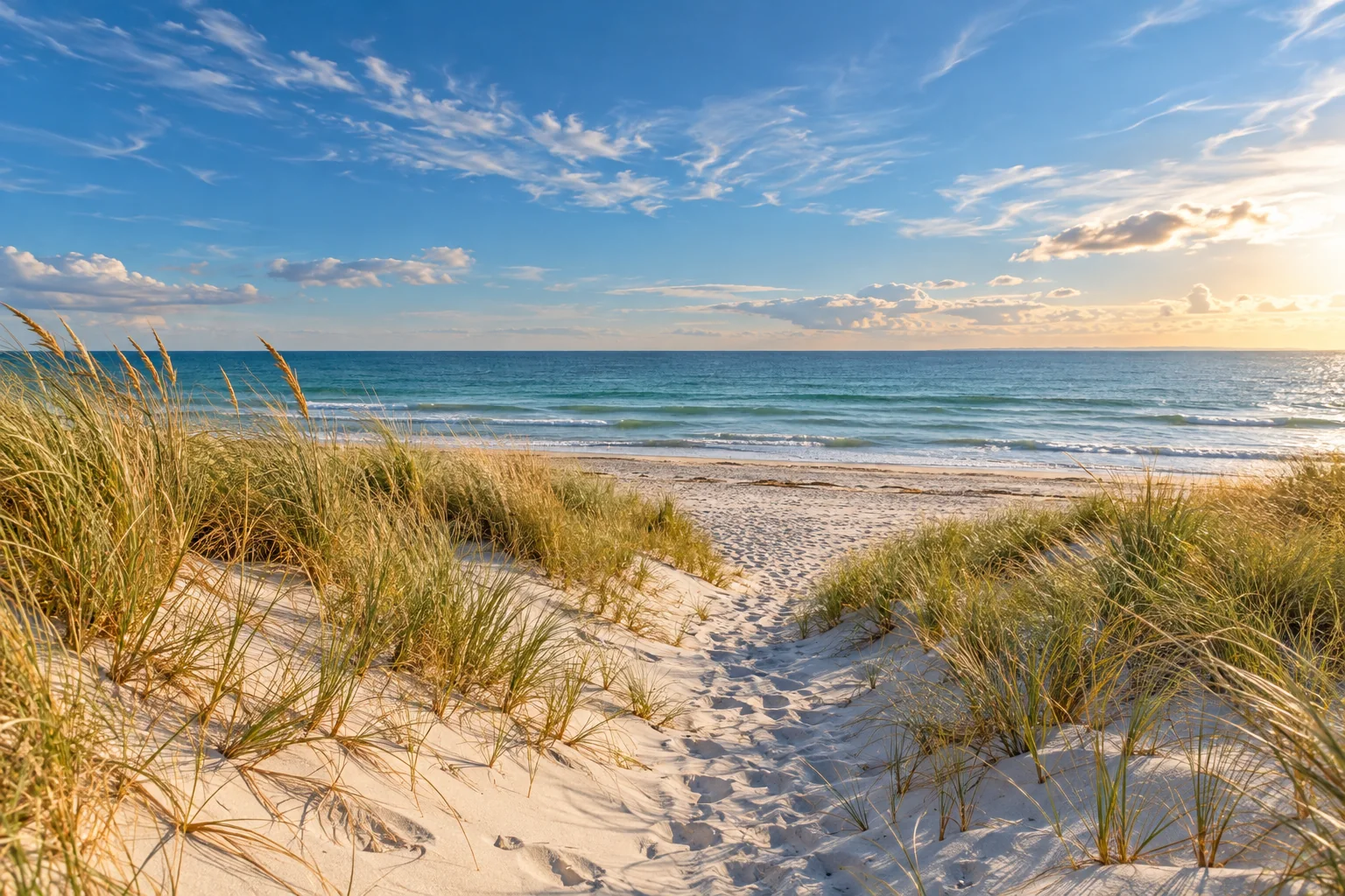 Dünen mit Strandhafer und Blick auf die ruhige Ostsee