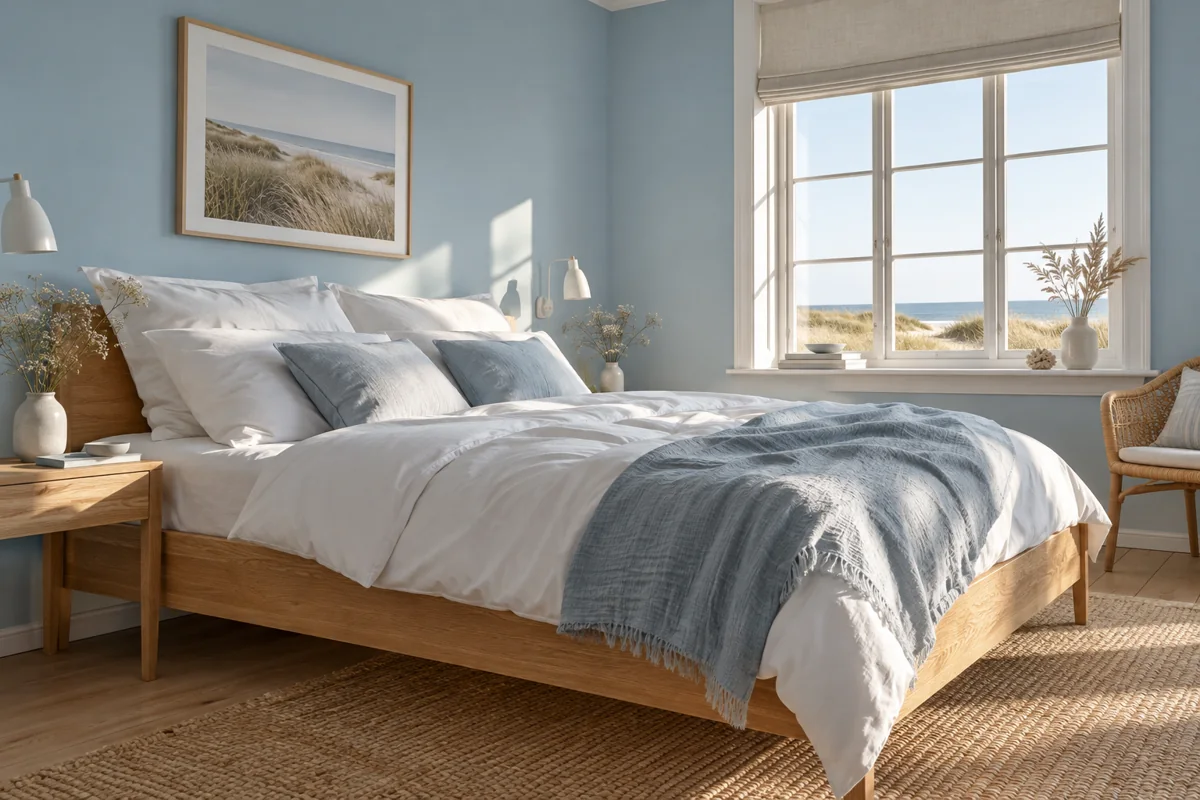 Schlafzimmer mit Holzbett und weißer Bettwäsche