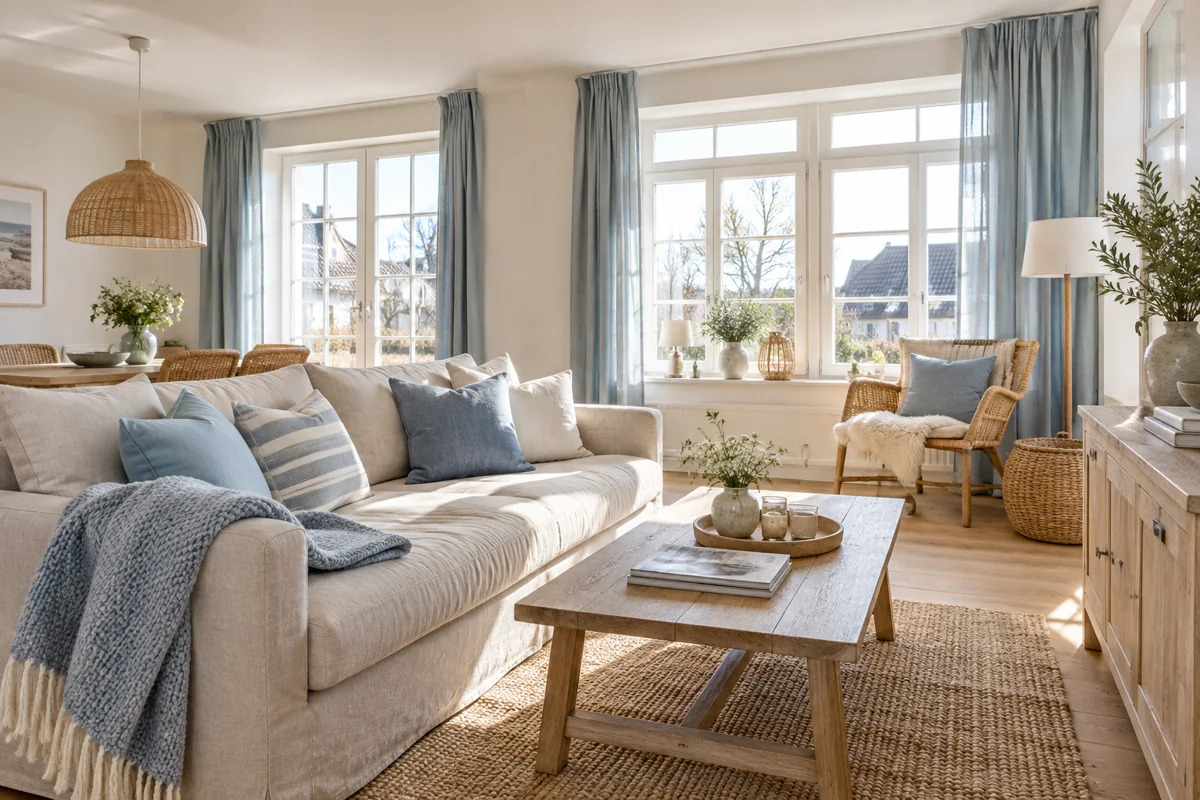 Helles Wohnzimmer mit Sofa und natürlichen Materialien